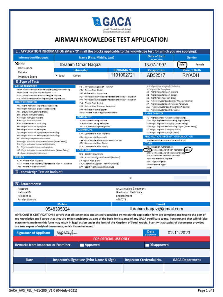 Airman Knowledge Test Form Gaca Avs Baqazi | PDF | Flight Instructor ...