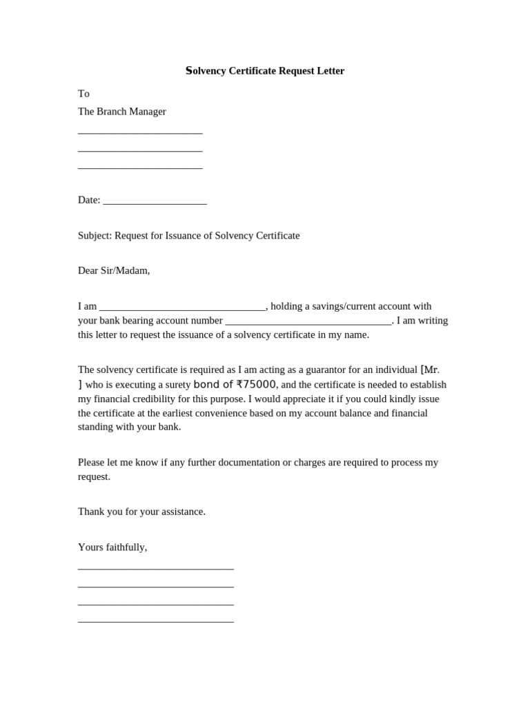 Solvency Certificate Request Letter Single Page | PDF