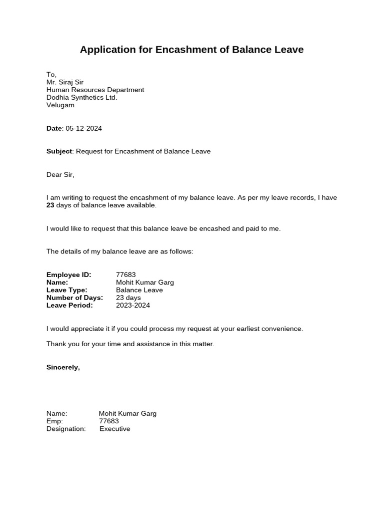 Application For Encashment of Balance Leave | PDF