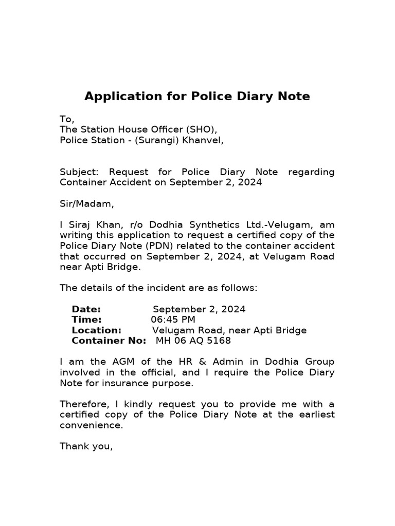 Application For Police Diary Note | PDF