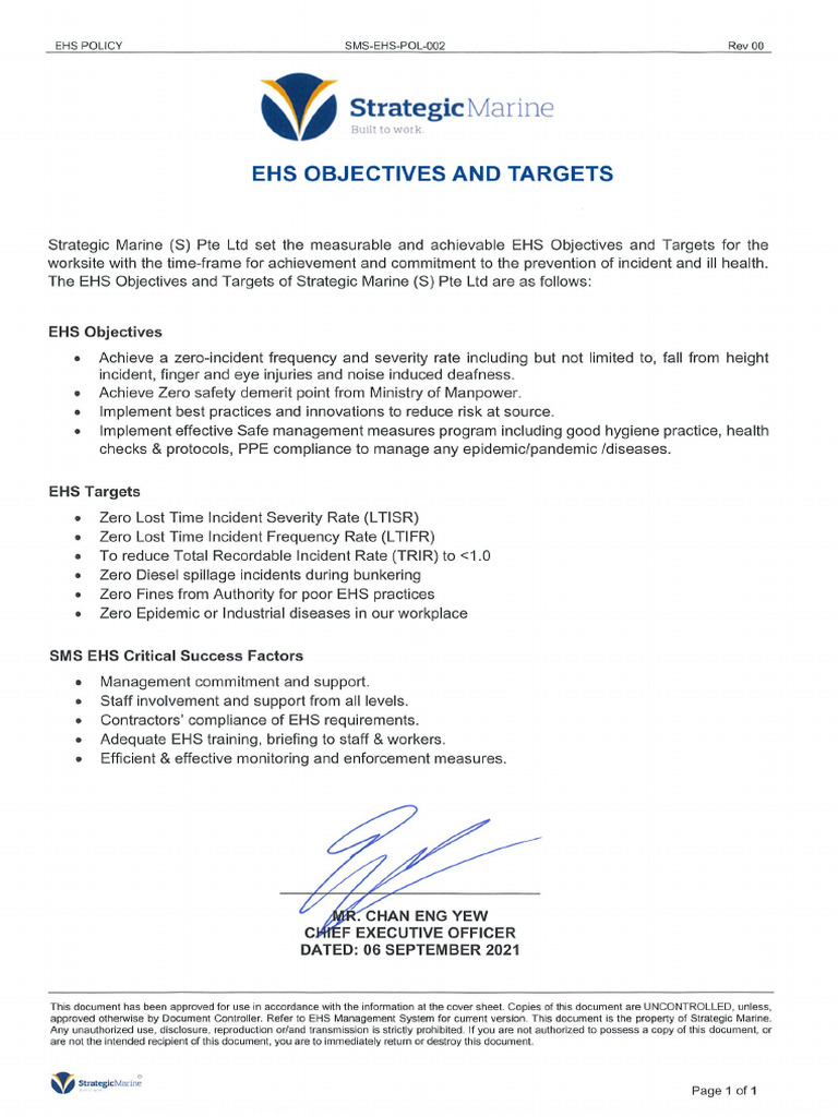 EHS Objectives and Targets | PDF