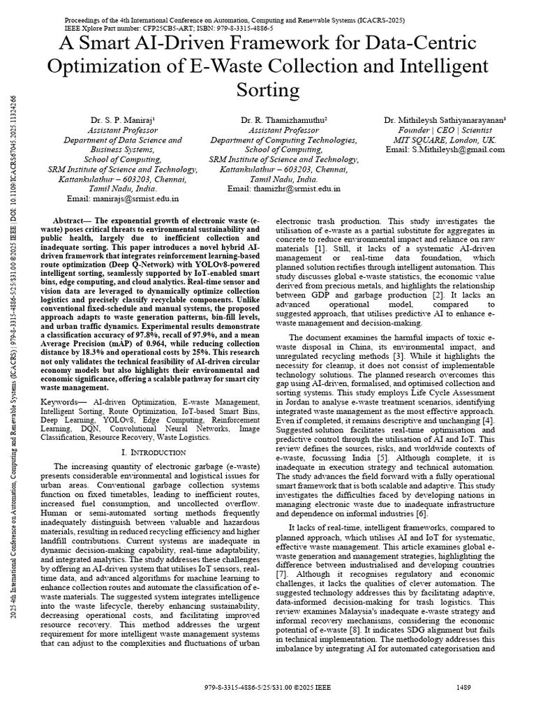 Smart AI-Driven Framework For Data-Centric Optimization of E-Waste ...