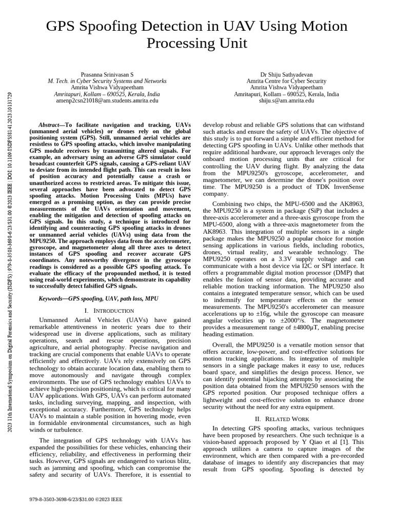 GPS Spoofing Detection in UAV Using Motion Processing Unit | PDF ...