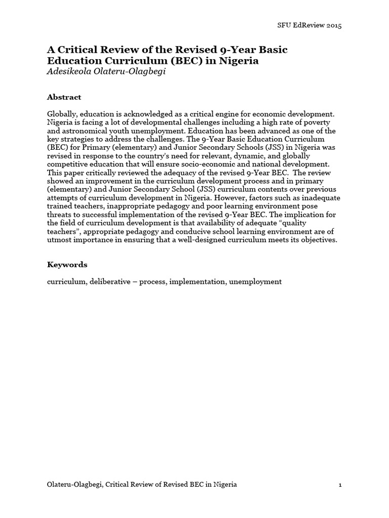 A Critical Review of The Revised 9 Year | PDF | Curriculum | Teachers