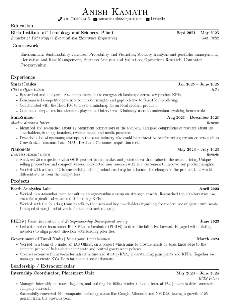 Anish Kamath Resume | PDF | Startup Company | Small Business ...