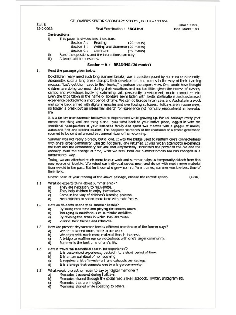 Class 8 English Practice Paper | PDF