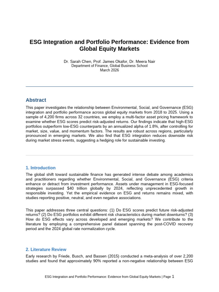 ESG Integration Portfolio Performance | PDF | Investing | Business