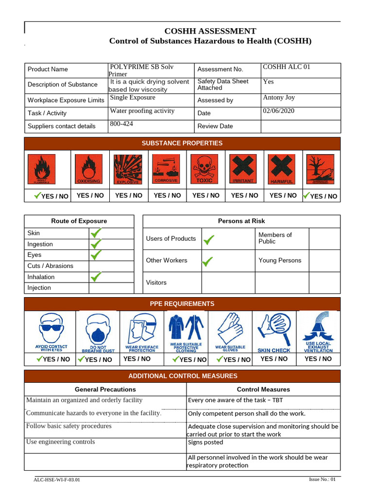 COSHH Assessment ALC Coshh 01 | PDF | Workplace | Working Conditions