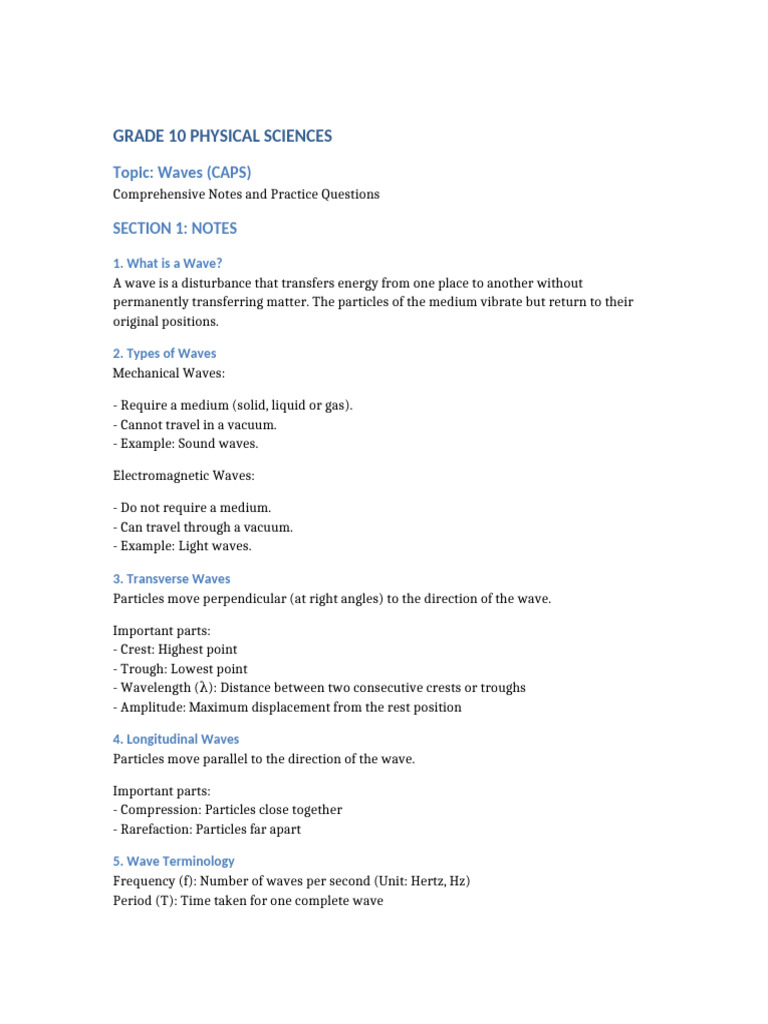 Grade 10 Physical Sciences Waves Notes and Questions | PDF | Waves ...