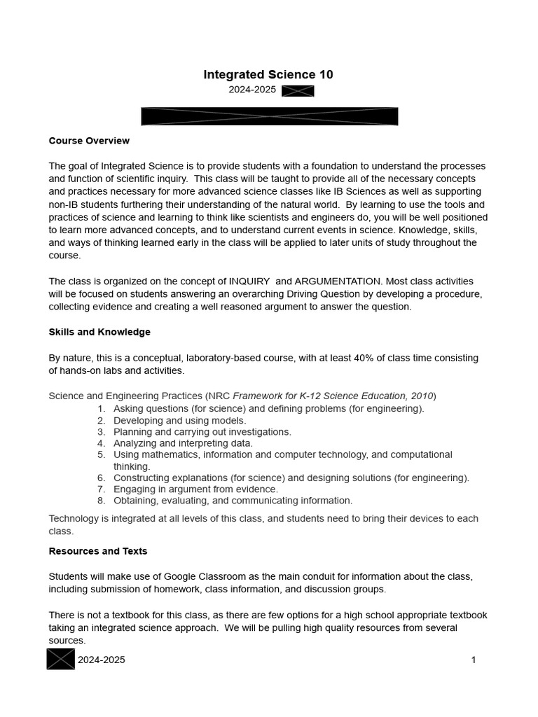 2024-2025 Integrated Science 10 Syllabus | PDF | Science | Educational ...