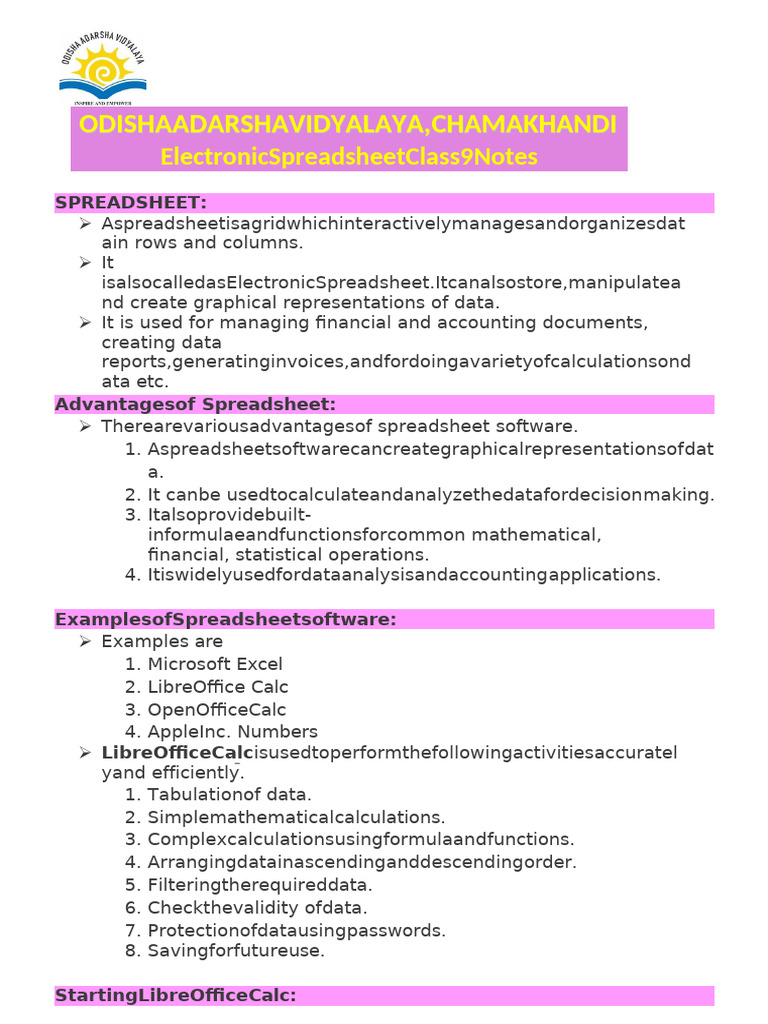 Electronic Spreadsheet Class 9 Notes | PDF | Spreadsheet | Software