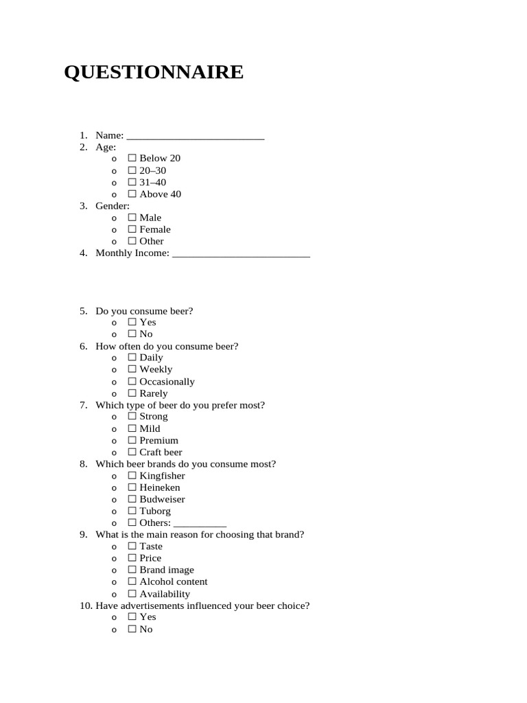 Questionnaire: o o o o o o o | PDF | Brewing | Beer