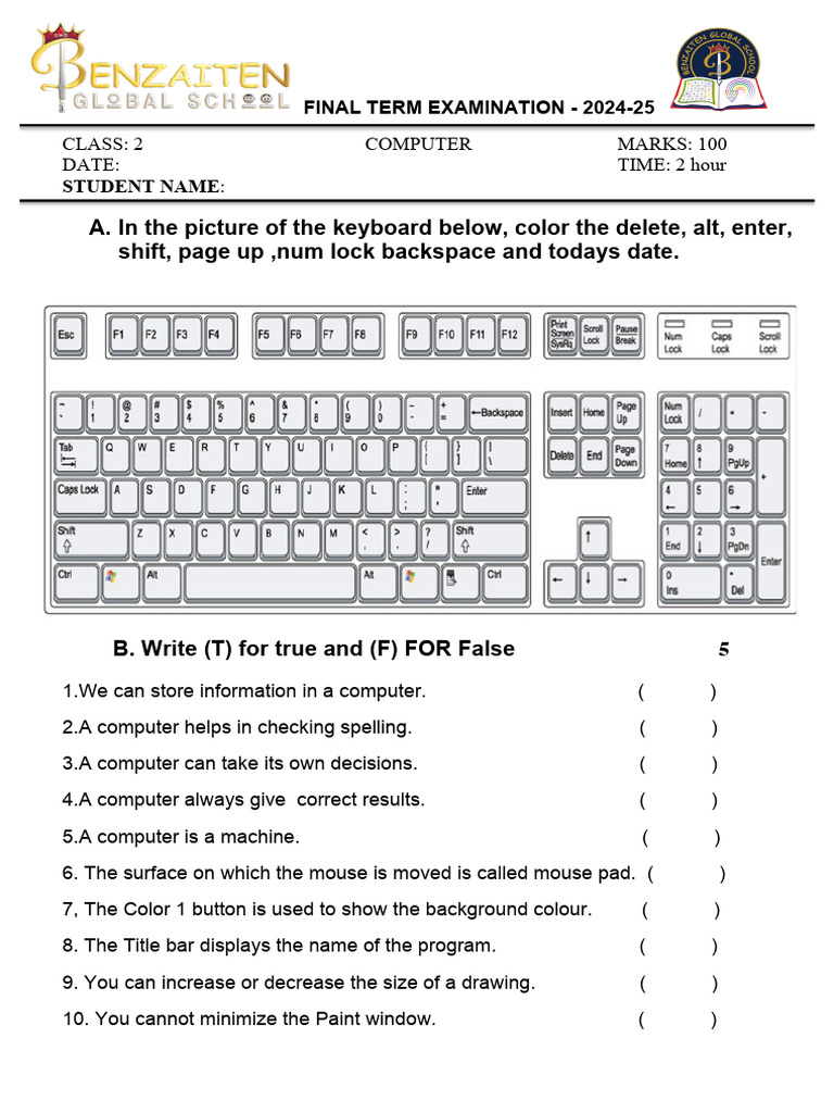Class 2 Computer-Final Term - 2025 | PDF | Computer Keyboard | Computing