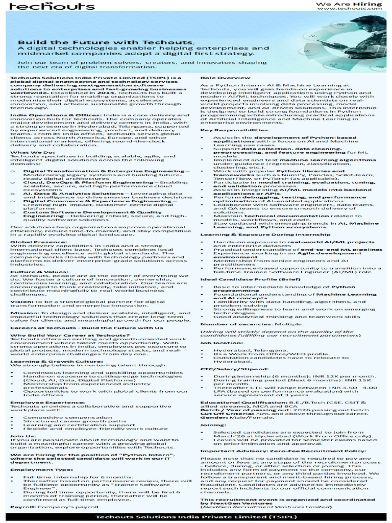 Techouts Solutions Intern 2026 Batch | PDF