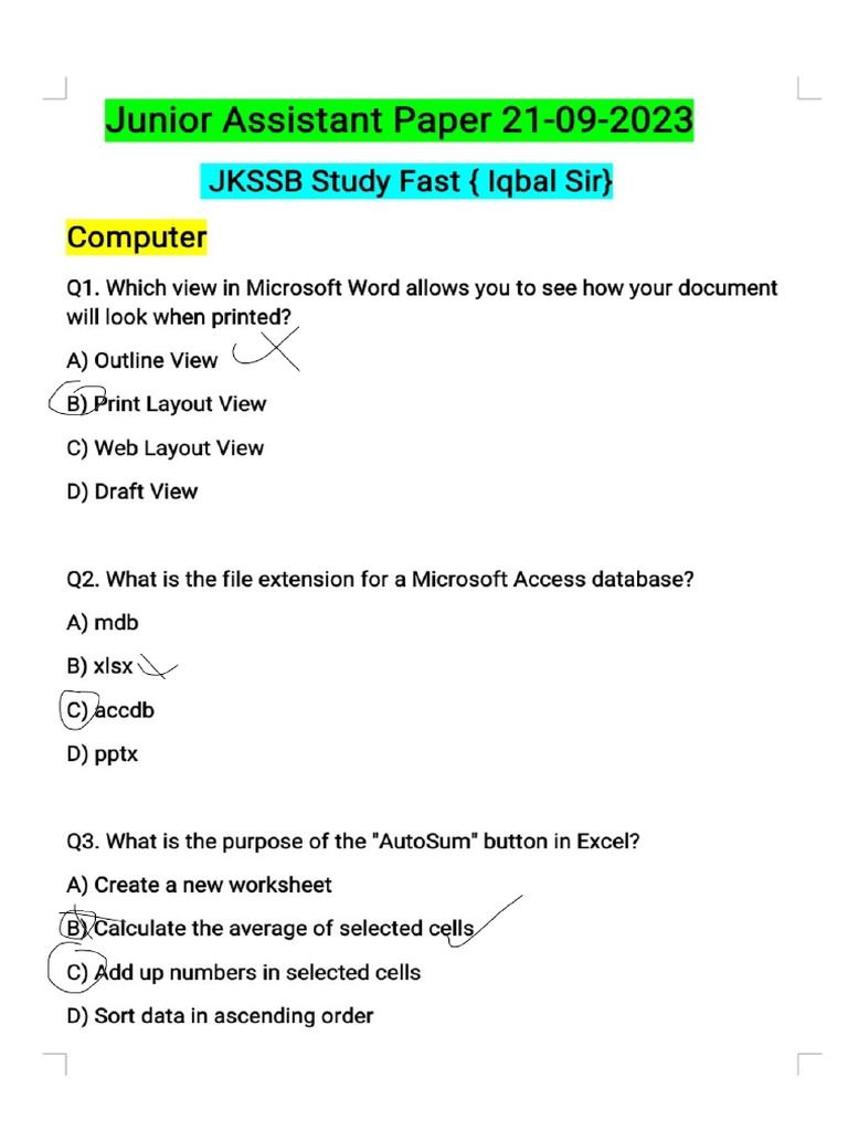 Junior Assistant Paper 2023 | PDF