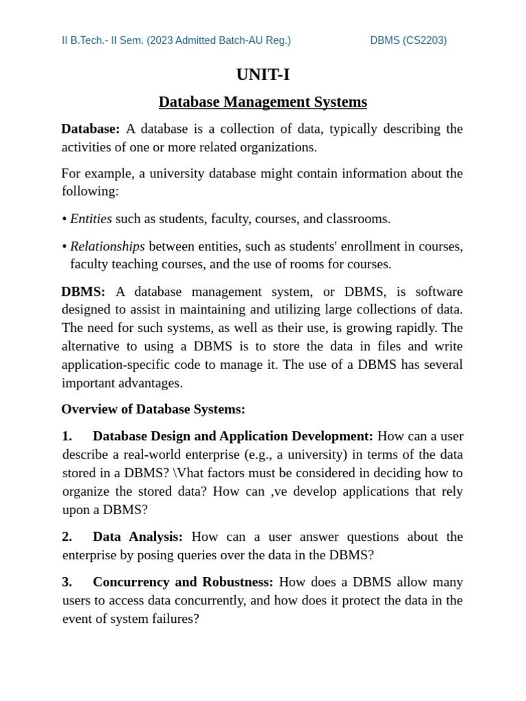 UNIT-I Database Management Systems | PDF | Databases | Database Transaction