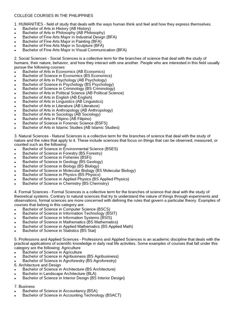 College Courses in The Philippines | PDF | Science | Bachelor Of Arts