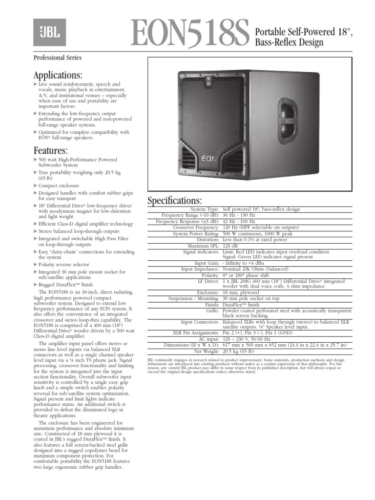 JBL EON 518s Subwoofer Specs Sheet Loudspeaker Sound