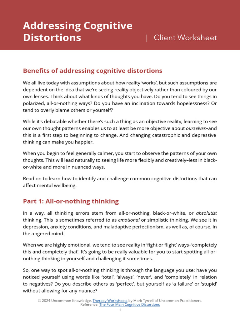 Addressing Cognitive Distortions Worksheet Mark Tyrrell Uncommon ...