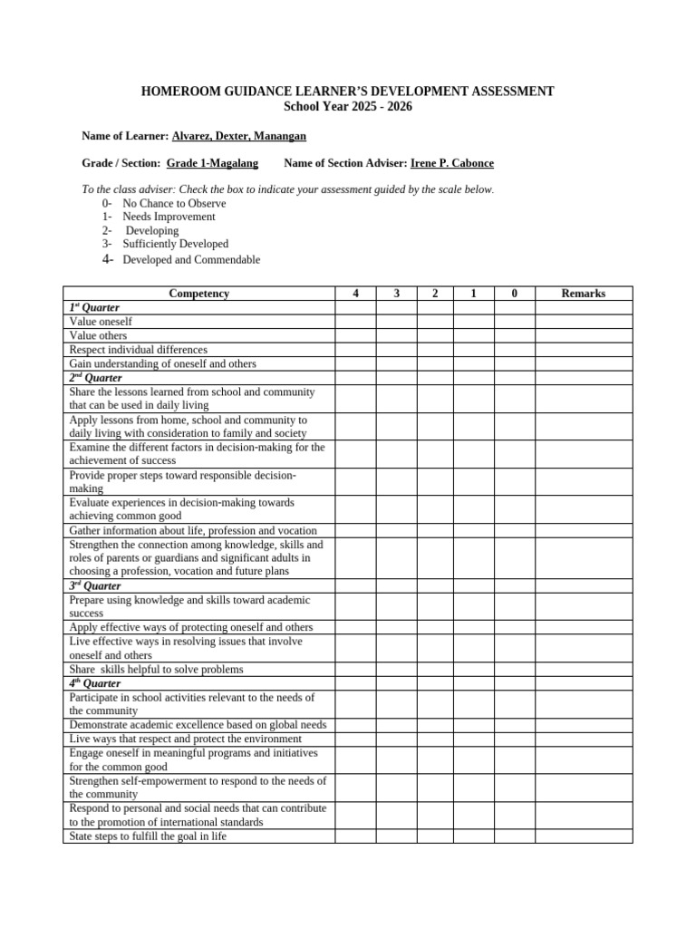 Homeroom Guidance Assessment 2025-2026 | PDF | Learning | Decision Making