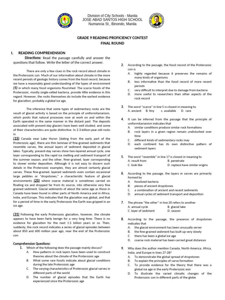 Reading Proficiency Materials 2025 Gr9 | PDF | Ice Age | Glacier