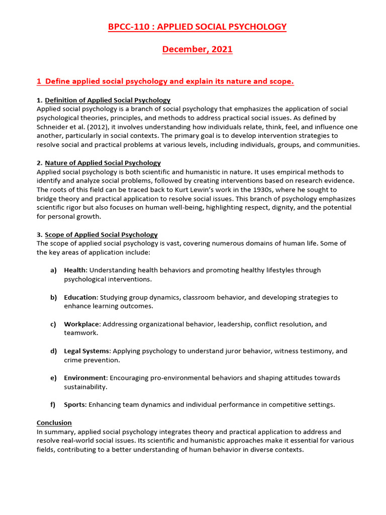 BPCC 110 Answer of Question Paper | PDF | Psychology | Social Psychology