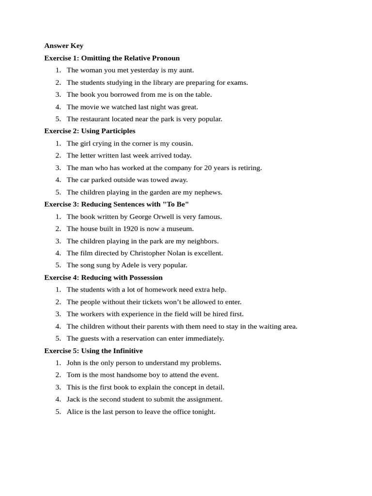 Answer Key Reduction Relative Clause | PDF
