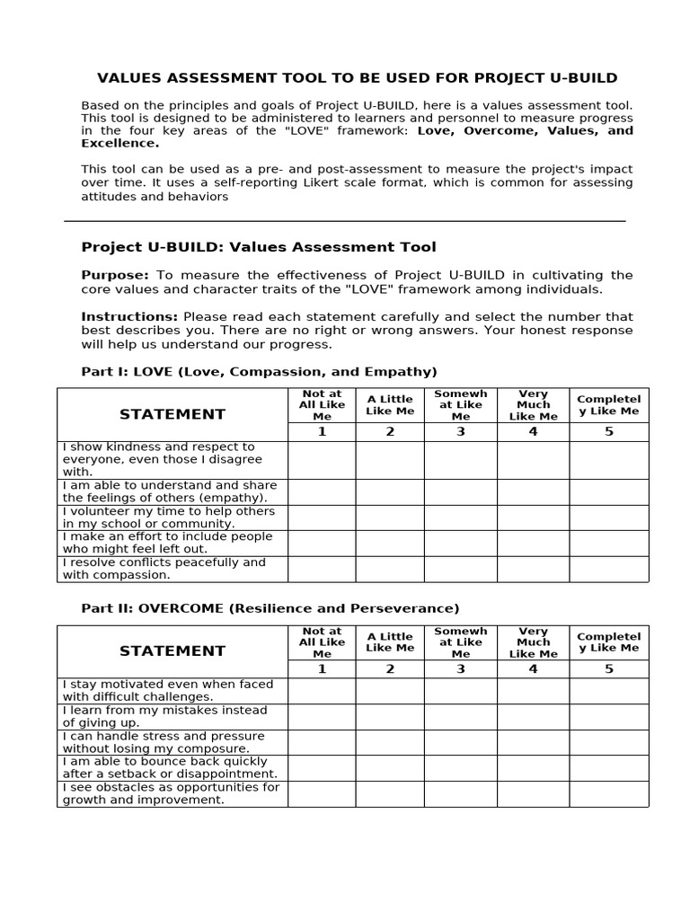 Values Assessment Tool to Be Used for Project u 4 (3) | PDF