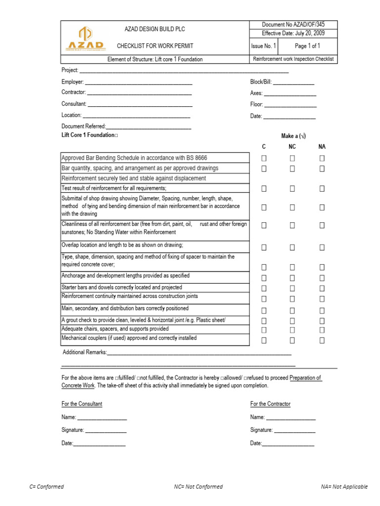 LC-1 Rebar Inspection Checklist | PDF | Structural Engineering ...