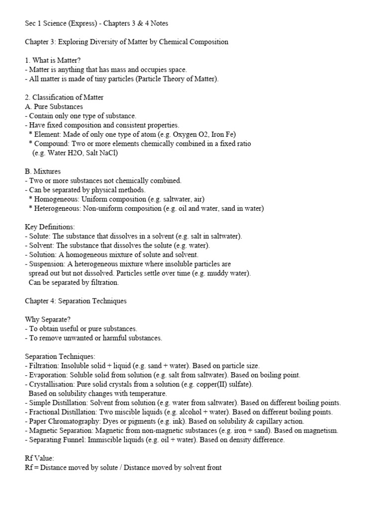 Sec1 Science Chap3 4 Notes | PDF | Mixture | Chemical Substances