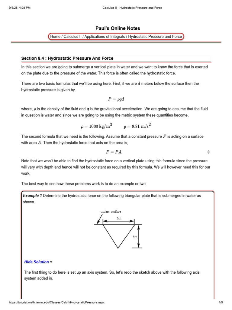 Calculus II - Hydrostatic Pressure and Force | PDF | Pressure | Force