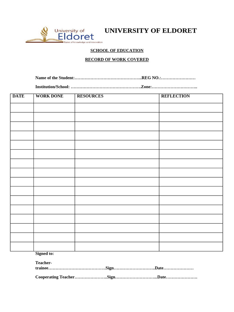 CBC Record of Work Template | PDF