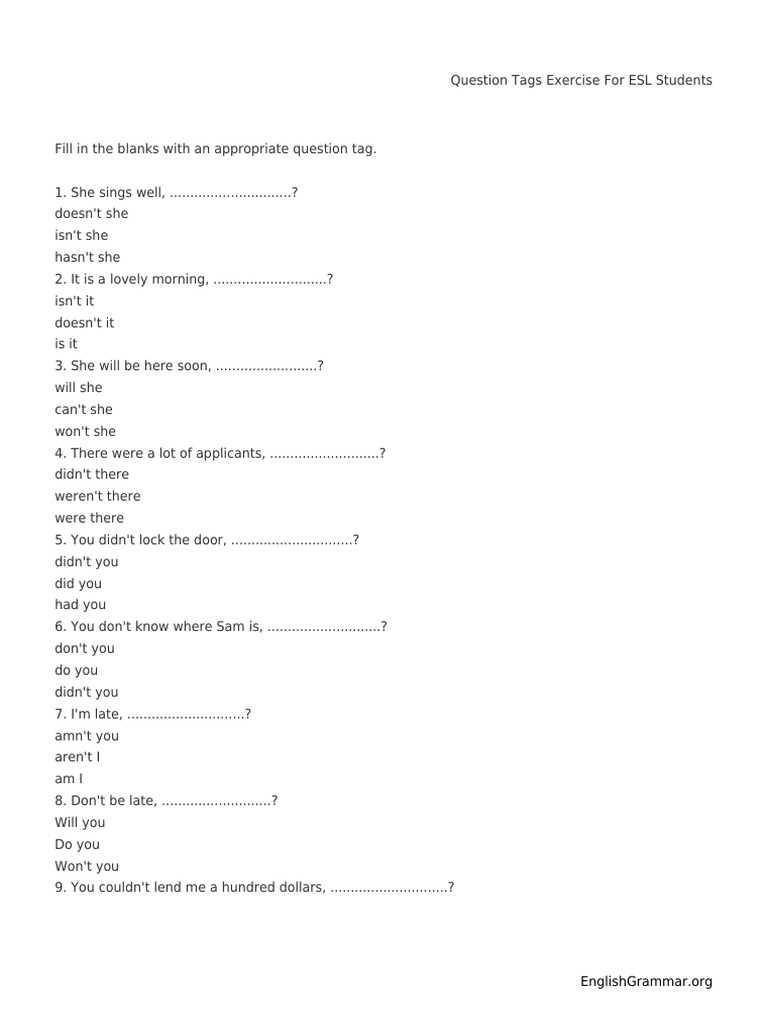 Question Tags Exercise For ESL Students | PDF