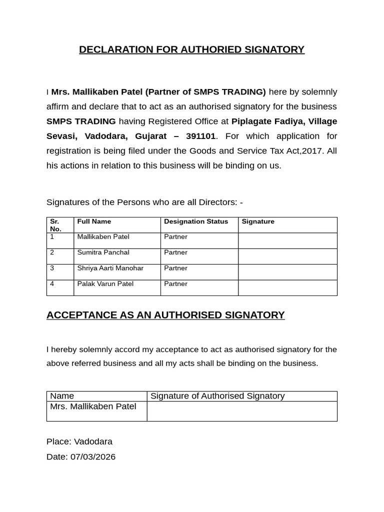 Declaration For Authorised Signatrory | PDF