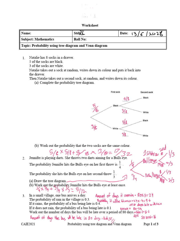 WS - X - Math - Probability Using Tree Diagram and Venn Diagram | PDF ...