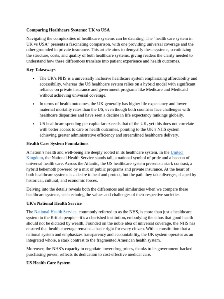 Healthcare System Comparison UK and USA | PDF | Health Equity | Health Care