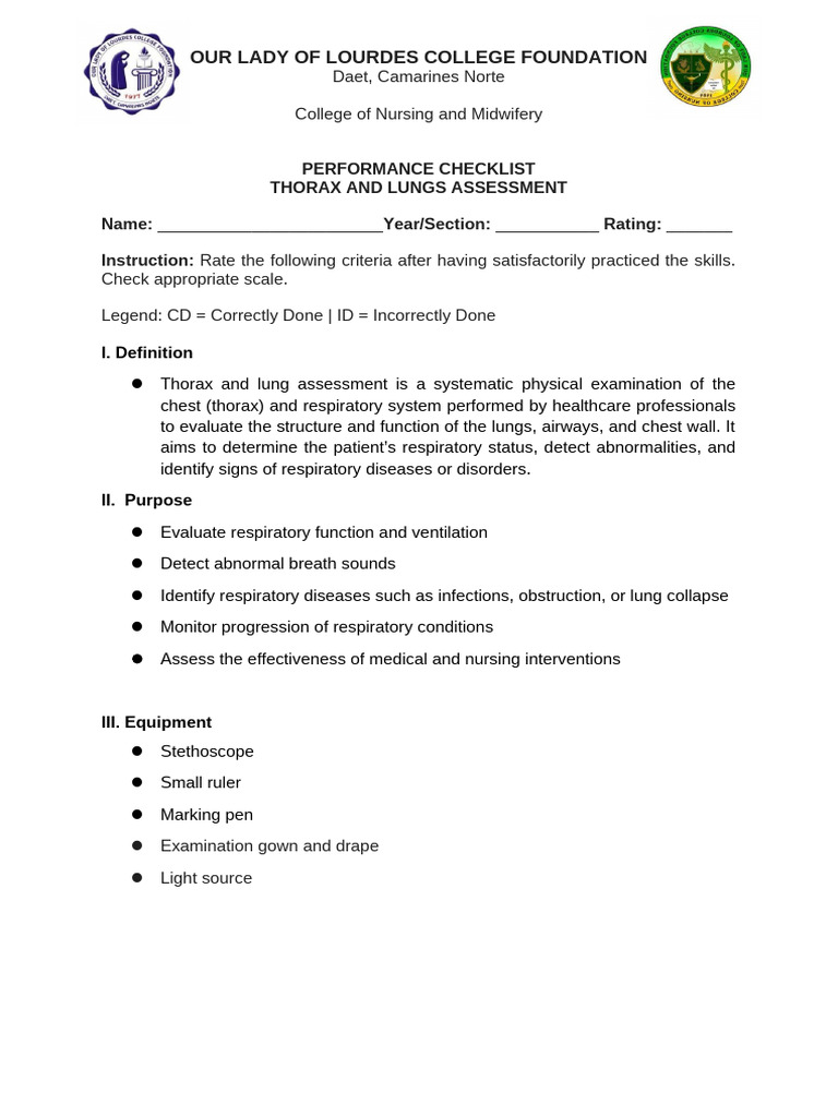 Thorax and Lungs Assessment Checklist | PDF | Thorax | Lung