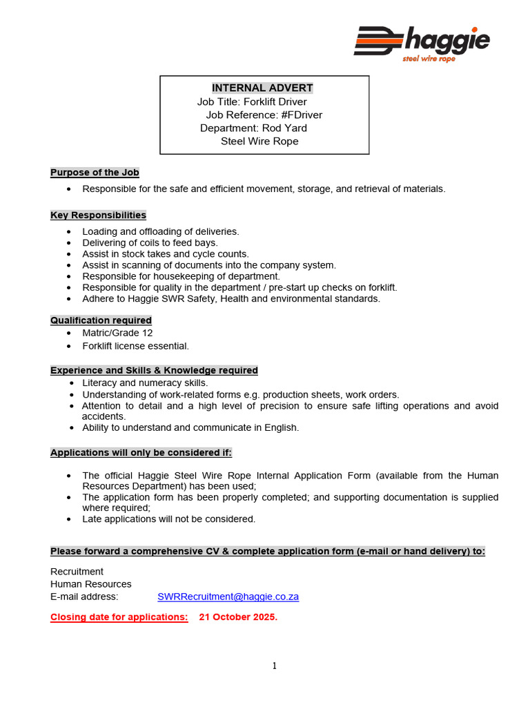 Forklift Driver Internal Advert 07.10.2025 | PDF