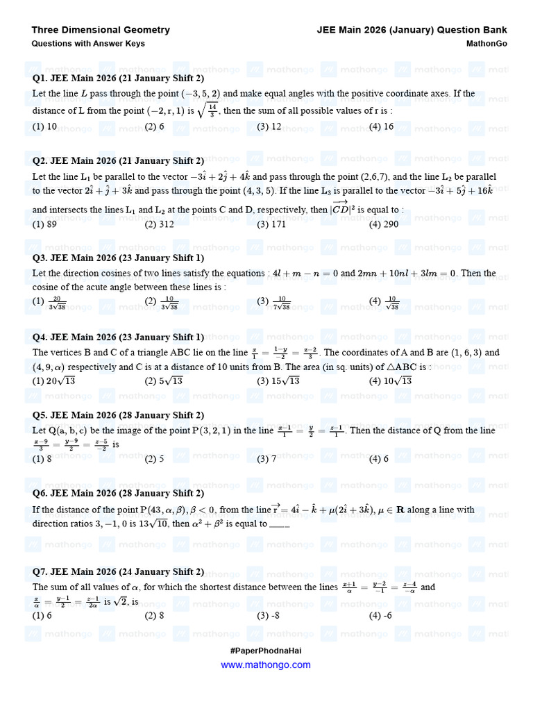Three Dimensional Geometry - JEE Main 2026 (Jan) - MathonGo | PDF ...