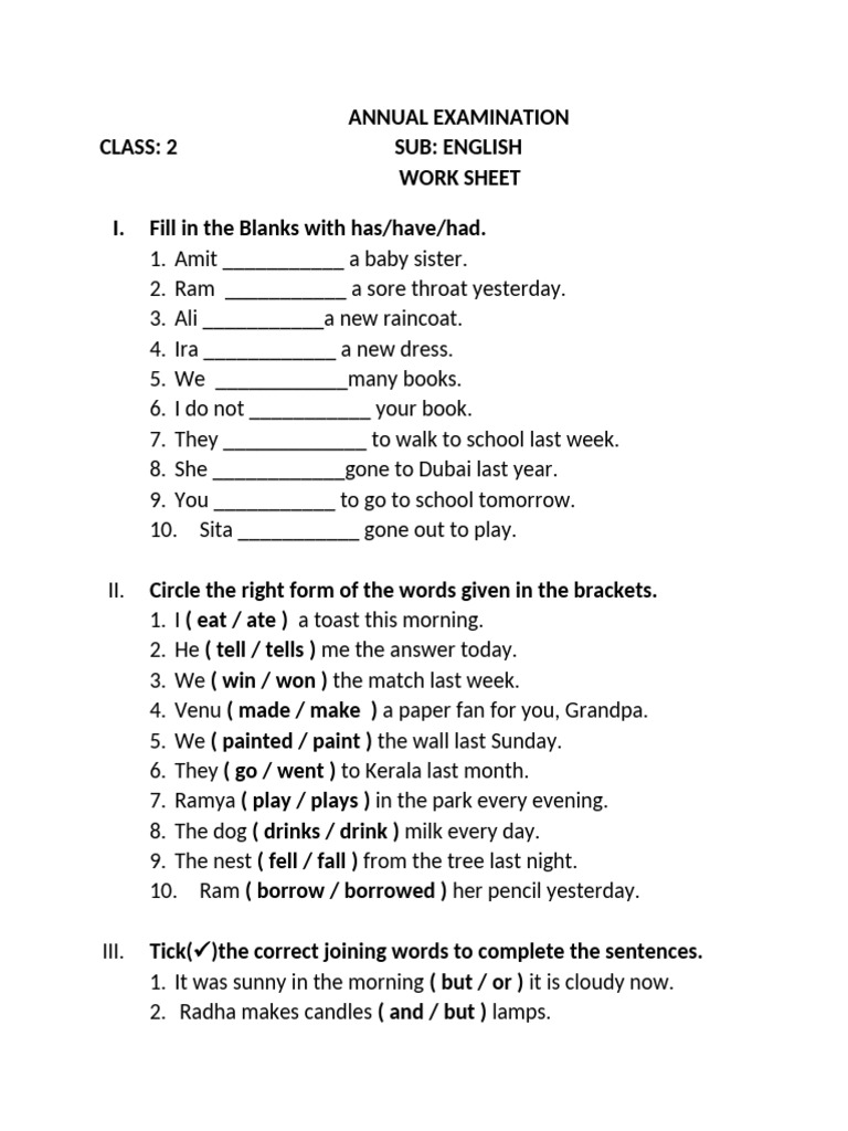 Class 2 Eng Annual Exam Work Sheet | PDF