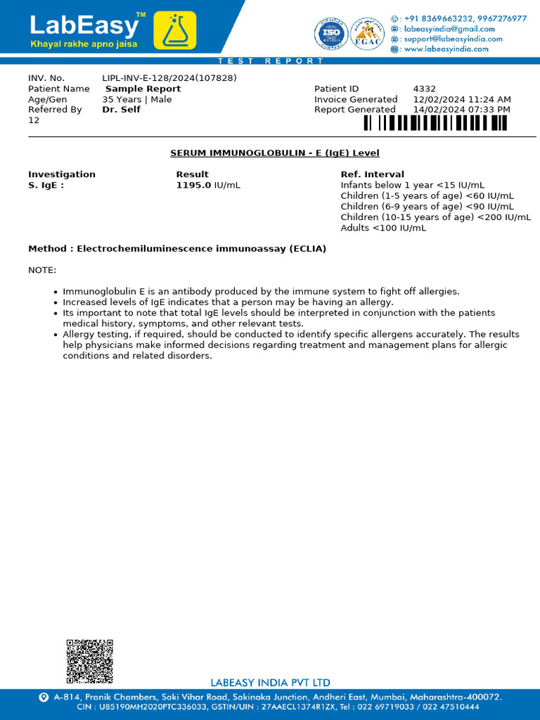 Sample Report of Allergy Test | PDF | Medical Tests | Diseases And ...