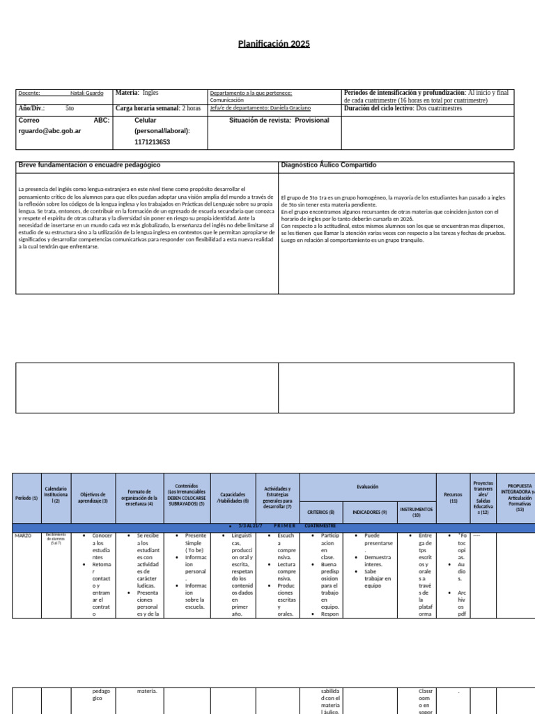 Modelo Planificación 2025 ES1 5to 1ra 2025 | PDF | Enseñando ...