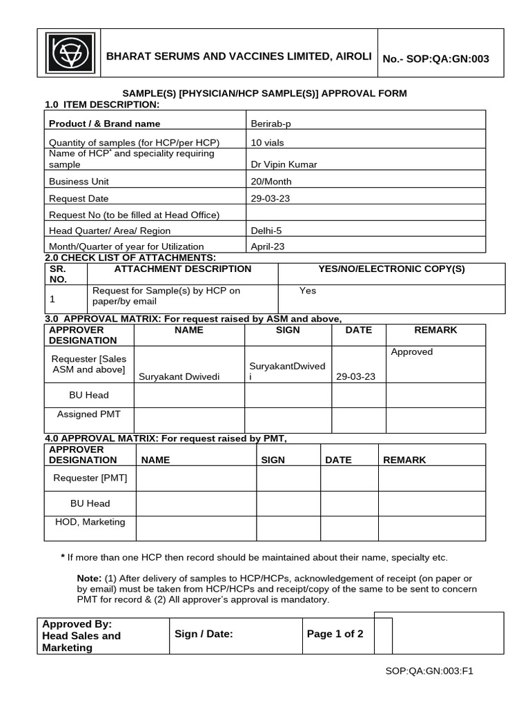 GN 003 F1 Sample(s) (Physician HCP Sample(s) ) Approval Form | PDF