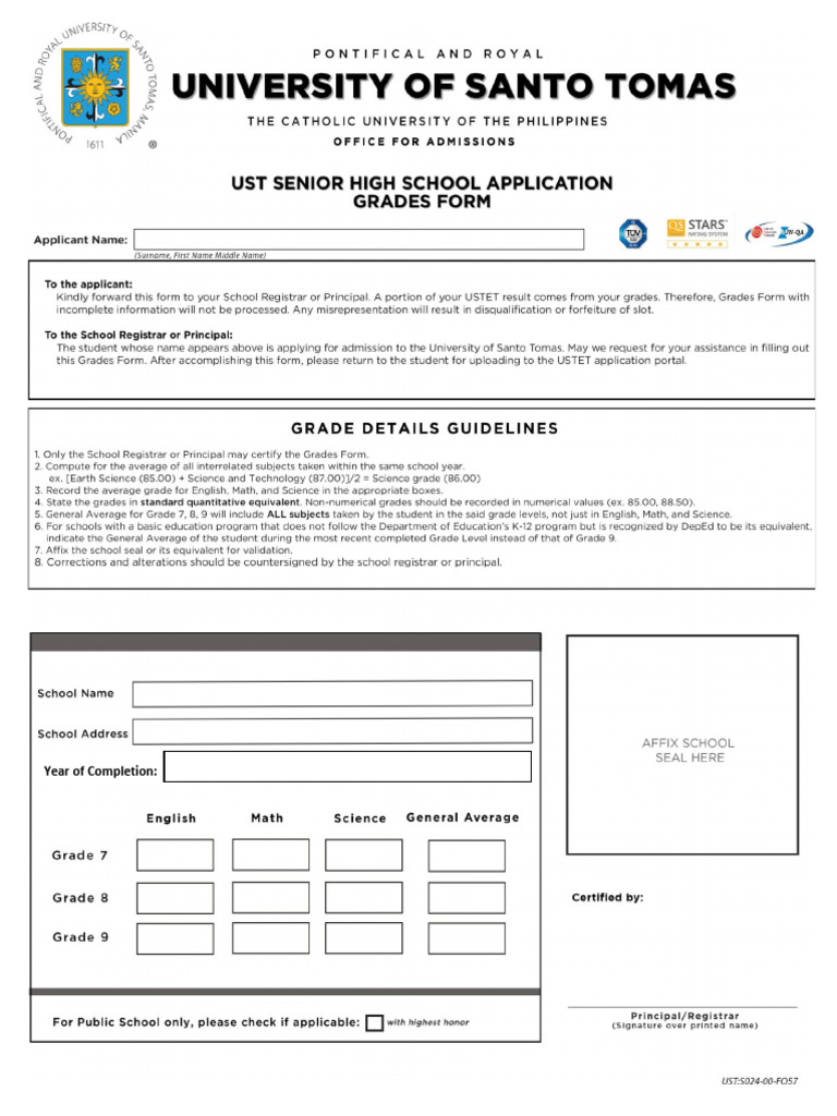 Grades Form SHS 2025 | PDF