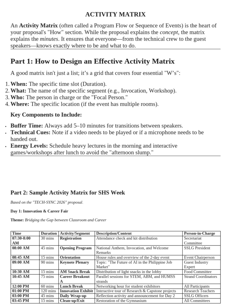 Activity Matrix Lesson | PDF