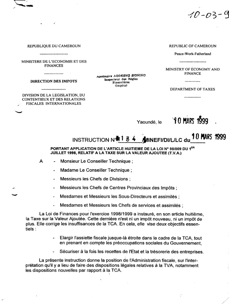 Instruction 134 Du 10 Mars 1999 Relative À La TVA | PDF