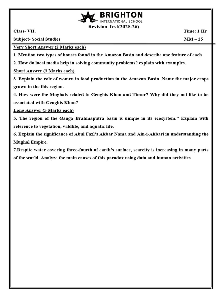 Brighton International SchoolRevision Test 5 Class VII 25 | PDF