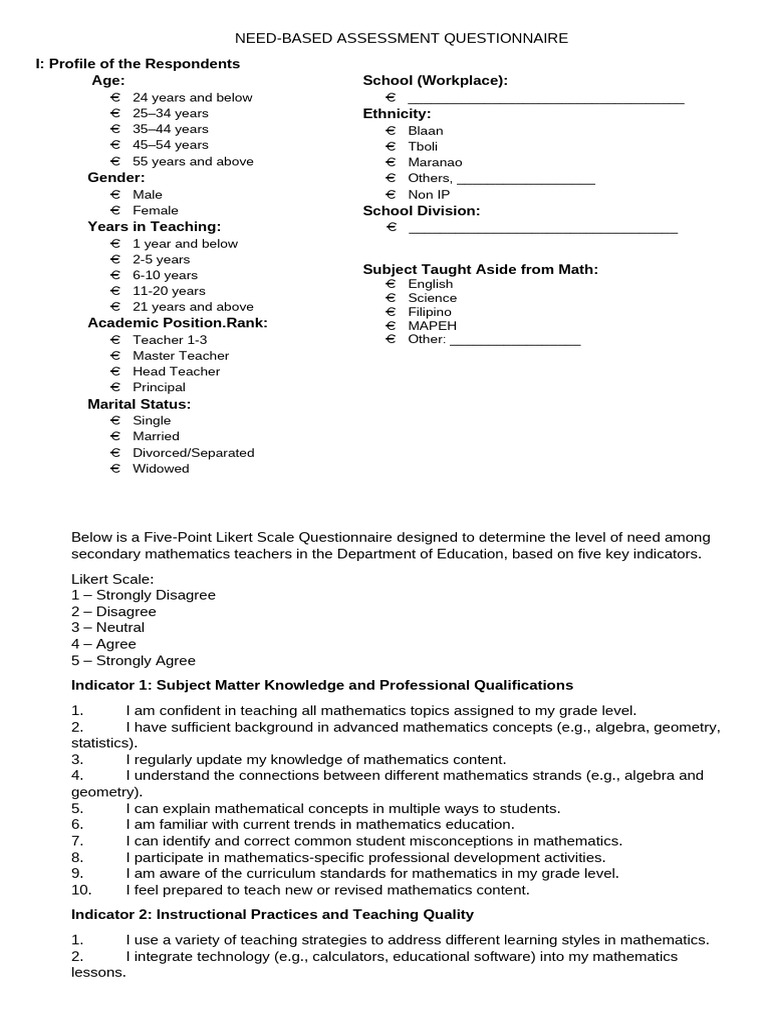 Need Based Assessment Sample Instrument | PDF | Educational Assessment ...