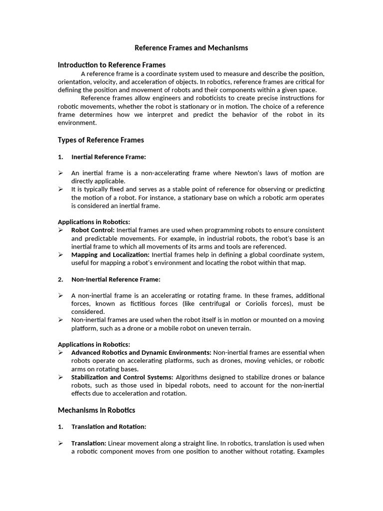 L3.1 - Reference Frames and Mechanisms | PDF | Robotics | Inertial ...