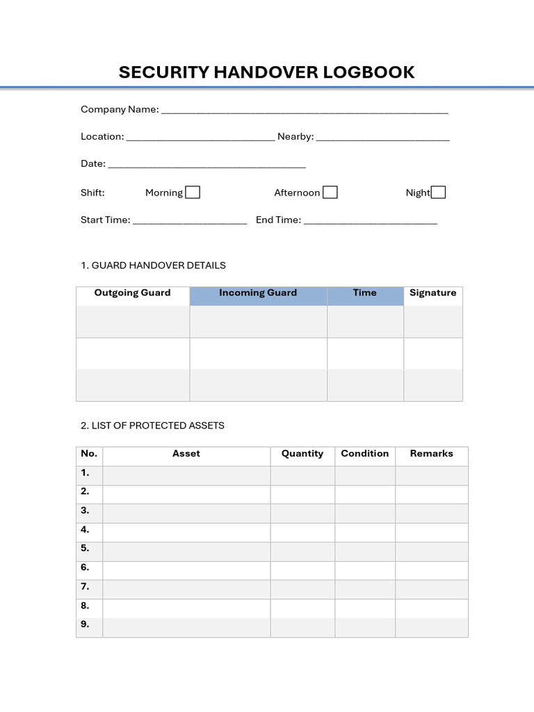 Security Handover Logbook | PDF